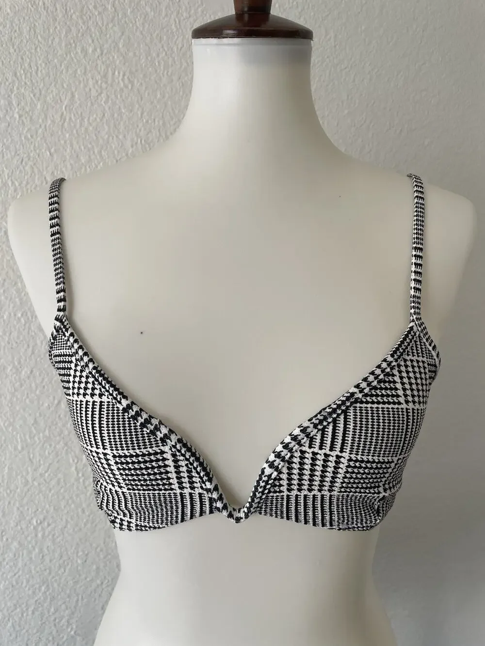 L*Space Swim Bikini Top Plunge Plaid Ivory Black Swimwear